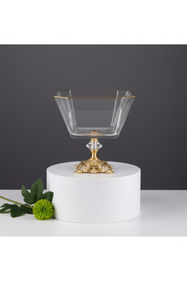 Paşabahçe Metal Footed Glass Large Size Salad-Serving - Presentation Bowl with Gold Details