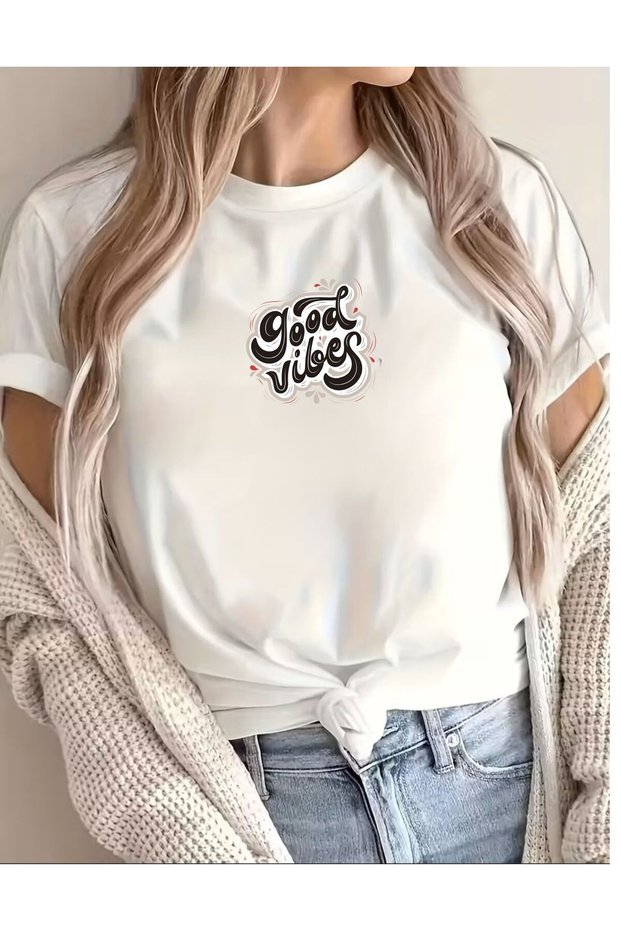 Unisex Oversized Printed Cotton Crew Neck Short Sleeve White T-Shirt Good Vibes