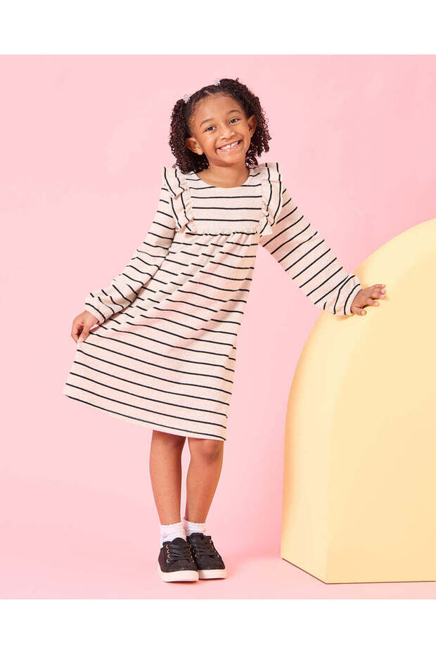 Girls Beige Striped Frill Dress