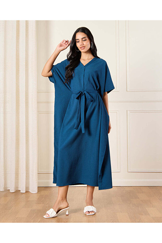Women Blue Belted Kaftan Dress