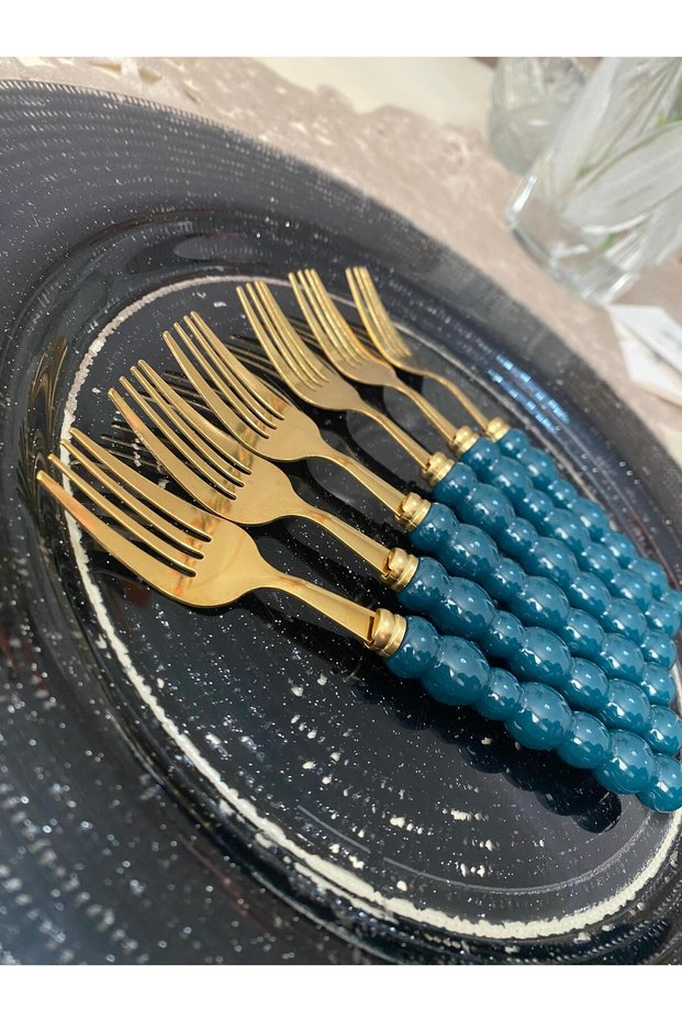Pearl Colored Beaded Gold Dessert Fork 6 Pieces