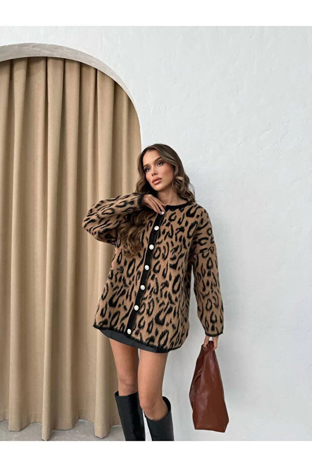 Women's Brown Leopard Print Buttoned Crew Neck Long Plush Ribbed Winter Knit Cardigan