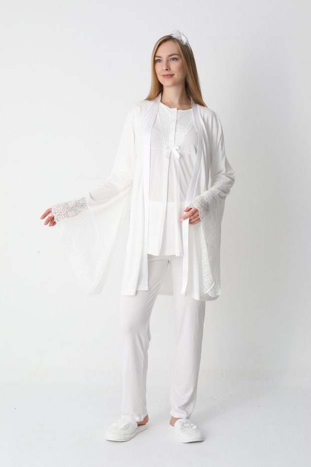 Women's Ecru Lace Detailed Stylish Special Design Princess Sleeve Maternity Pajama Set 3-Piece Set