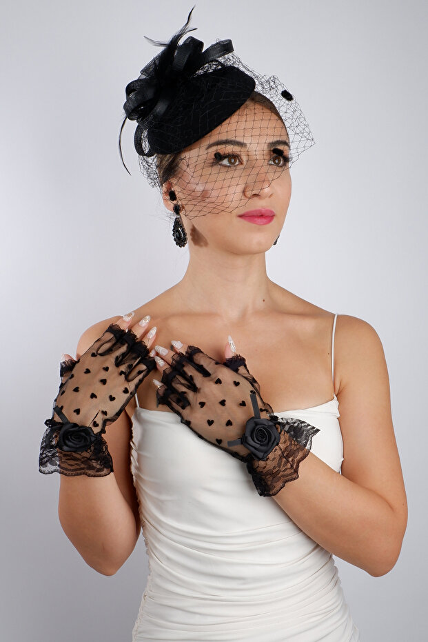 Stylish Black Short Satin Bow Bridal Gloves and Elegant Fascinator Accessory Set