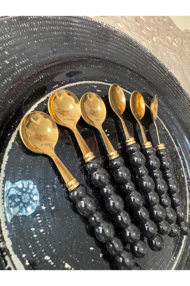 Pearl Colored Beaded Gold Dessert Spoon 6 Pieces