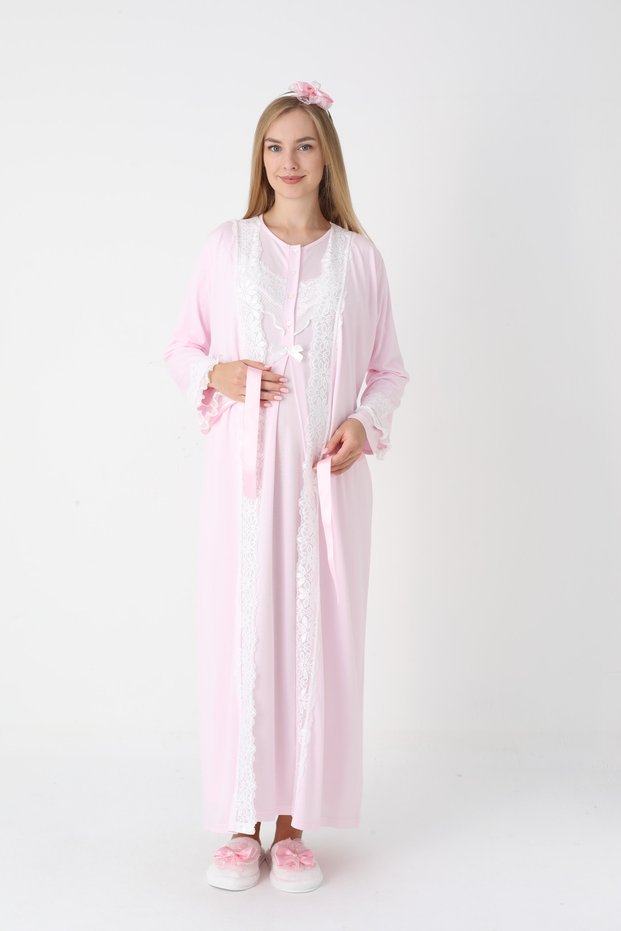 Women's Pink Special Lace Detailed Full Length Design Winter Long Sleeve Maternity Dressing Gown Nightgown Set