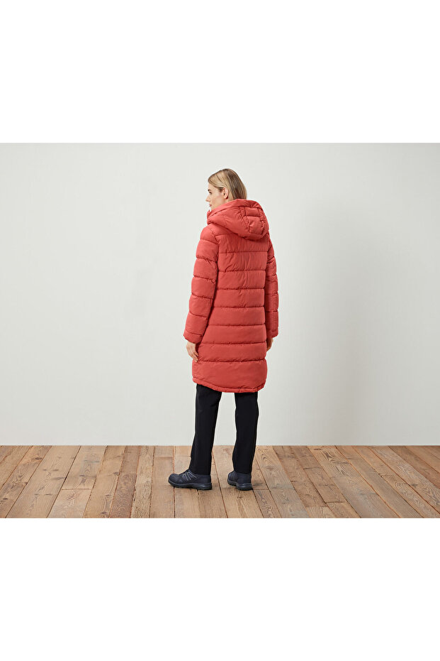 Kadın Kapitone Mont, Kapüşonlu, Turuncu - 4