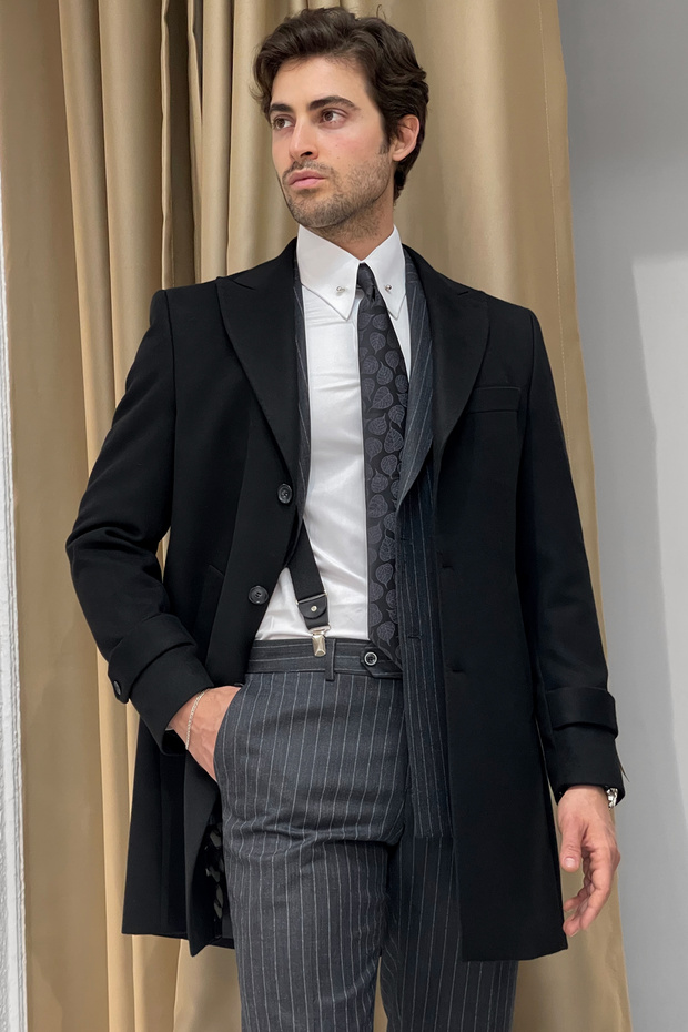 Slim Fit Pointed Collar Punto Stitched Long Wool Black Cashmere Coat