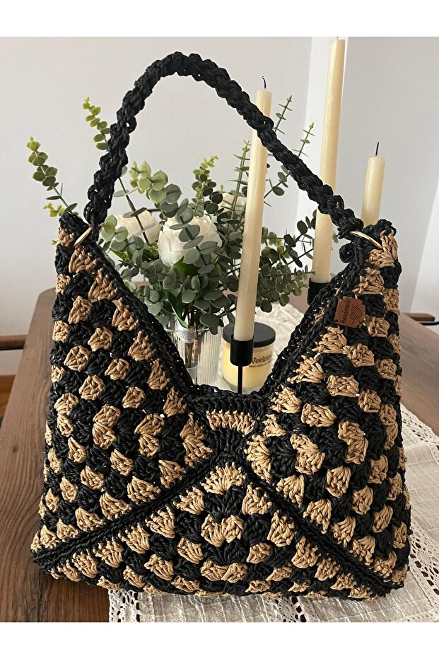 KAĞIT İPTEN EL ÖRMESİ KOL ÇANTASI, BOHEM STİL,BASIC - 2