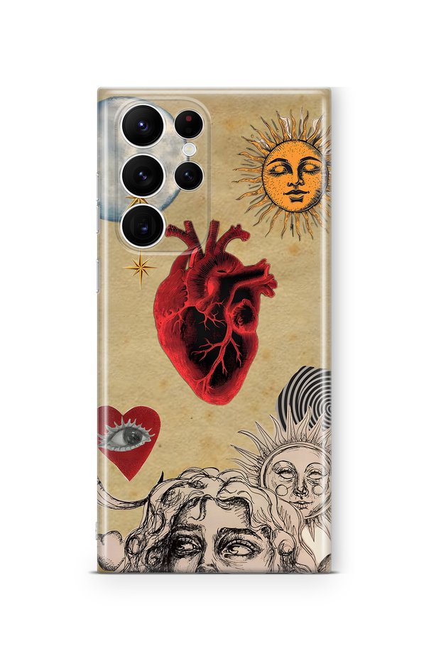 Samsung Galaxy S25 Ultra Compatible Sun and Heart Collage Pattern Transparent Phone Case