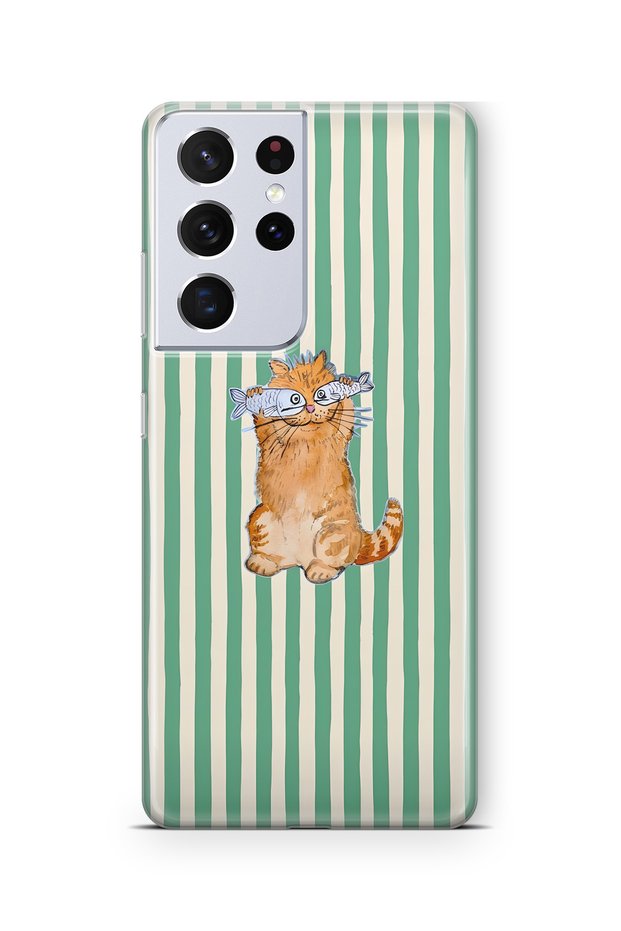 Samsung Galaxy S21 Ultra Compatible Transparent Phone Case with Fish-Eyed Cat Pattern