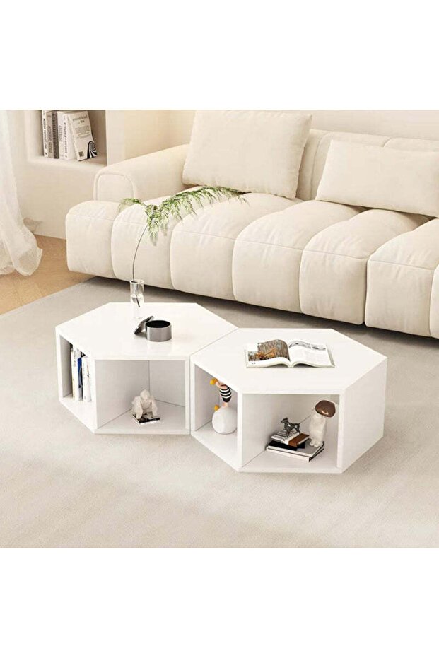 Two hexagonal MDF center and side tables with a modern and simple design and storage space. - 4