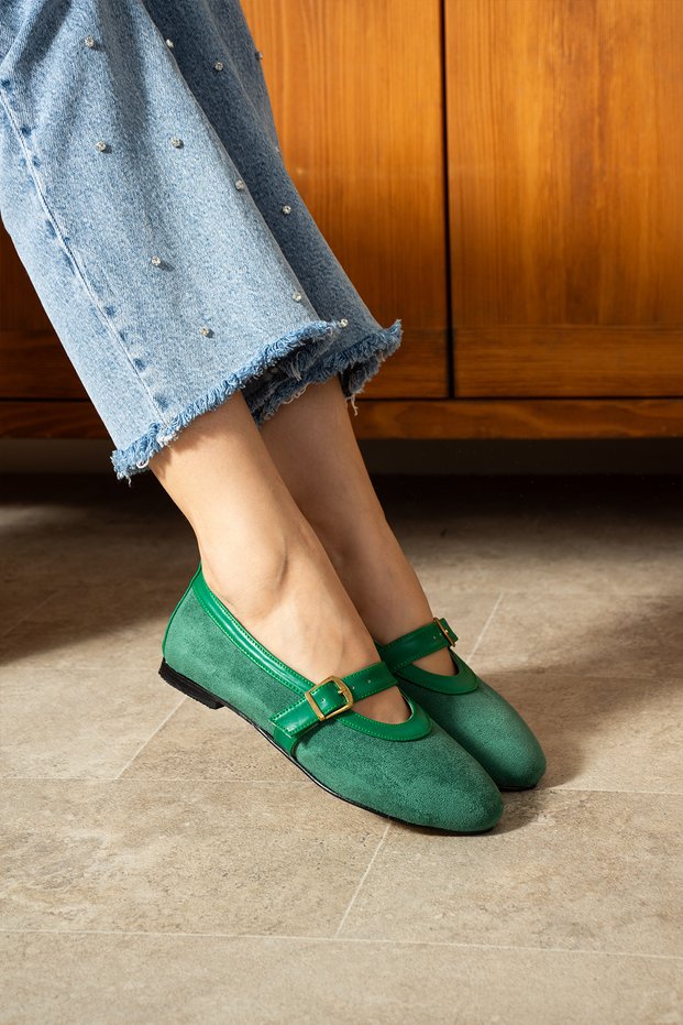 Milan Green Calf Suede Ballerina Shoes