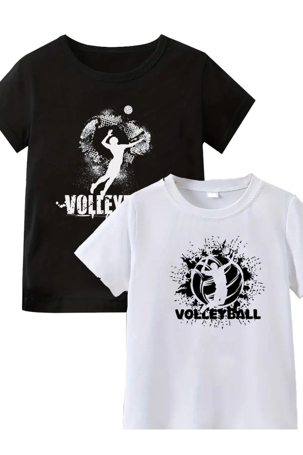 2-Pack Quality Cotton Combed Unisex Women Men Volleyball Printed Tshirt Black White Volleyball T-Shirt