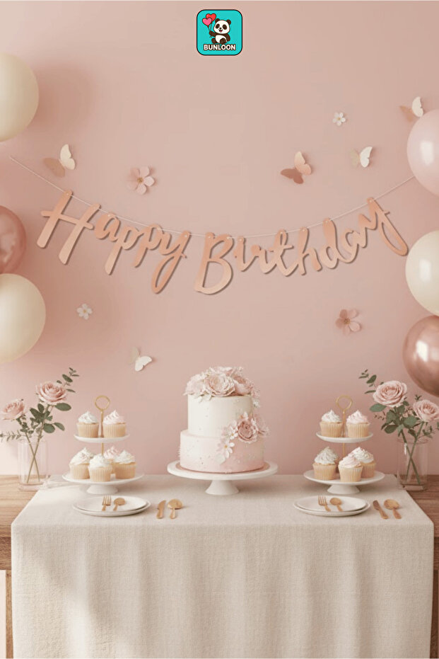 Calligraphy Banner Rose Gold Happy Birthday 110 cm Party and Birthday Decoration