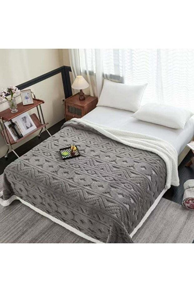 Embossed Thick Dark Grey Plush Luxurious & Soft Blanket 200 x 230 Cm