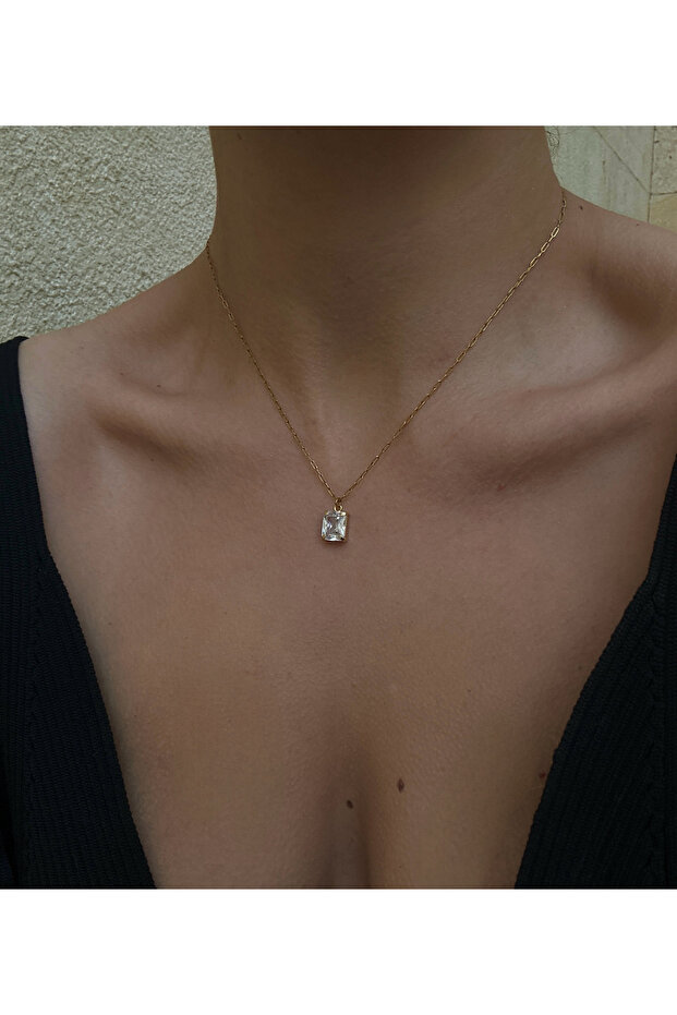 Çelik Zincir Tek Taş Baget Kolye - 1