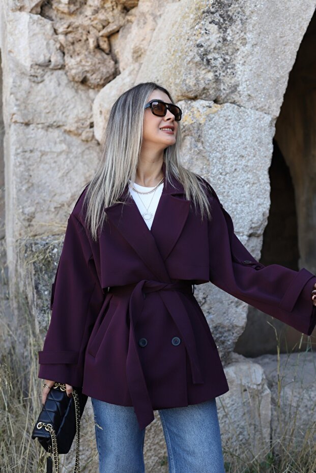 Plum Short Standard Size Polyviscose Trench Coat