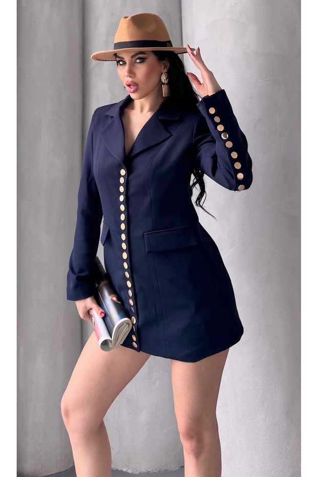 Women's Snap Detail Long Jacket Navy Blue