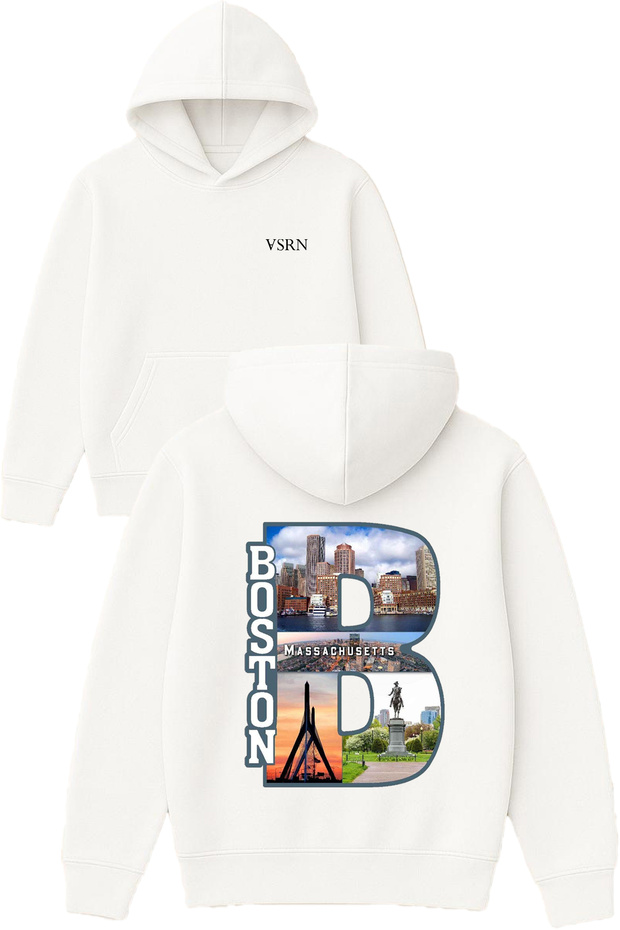 Boston B Landscape Design Printed Oversized White Hooded Sweatshirt
