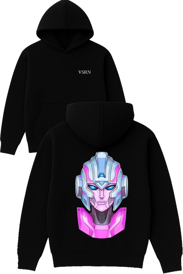 Pink Robot Design Printed Oversized Black Hooded Sweatshirt