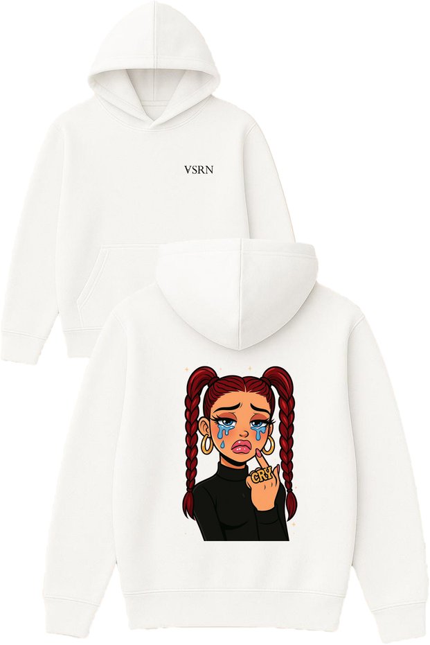 Cry Girl Design Printed Oversized White Hooded Sweatshirt