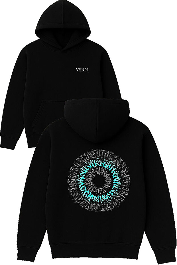 Blue Eye Round Design Printed Oversized Black Hooded Sweatshirt