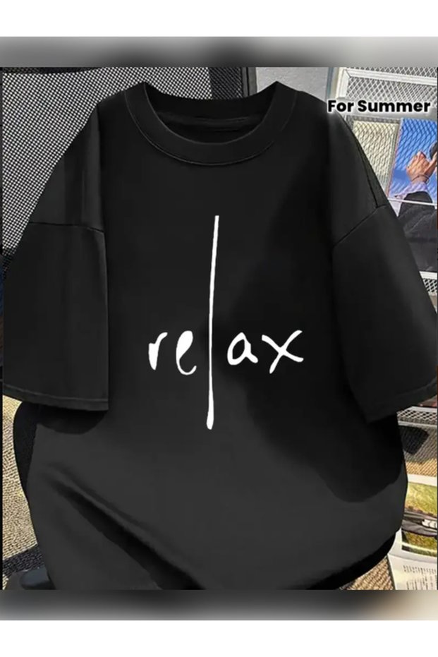Unisex Oversized Relax Printed Cotton Crew Neck Short Sleeve Black T-Shirt