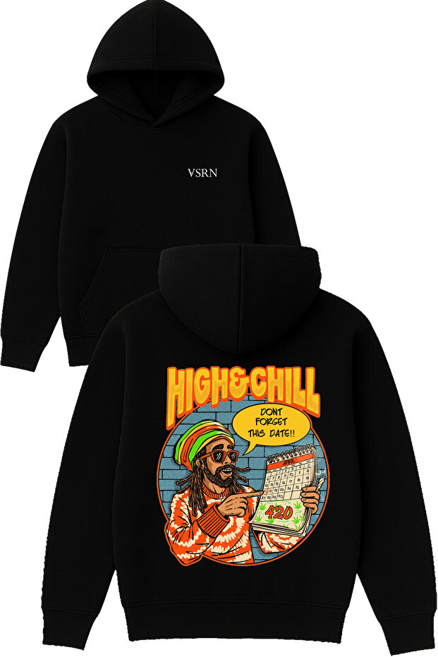 High and Chill Design Printed Oversized Black Hooded Sweatshirt