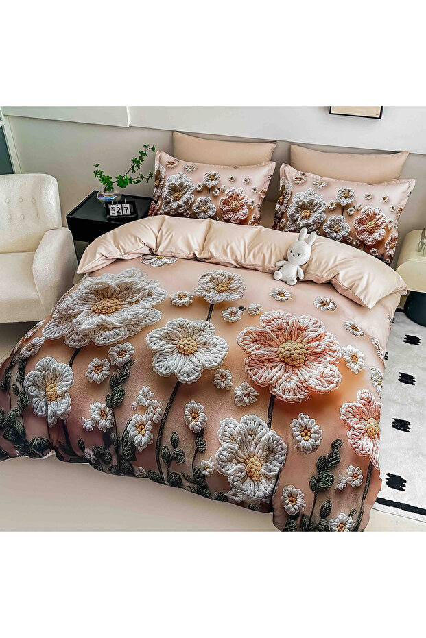 5D bedding set, 6 pieces, with elastic, Digital print, with elastic, 180x200cm, Cream Flowers - 2