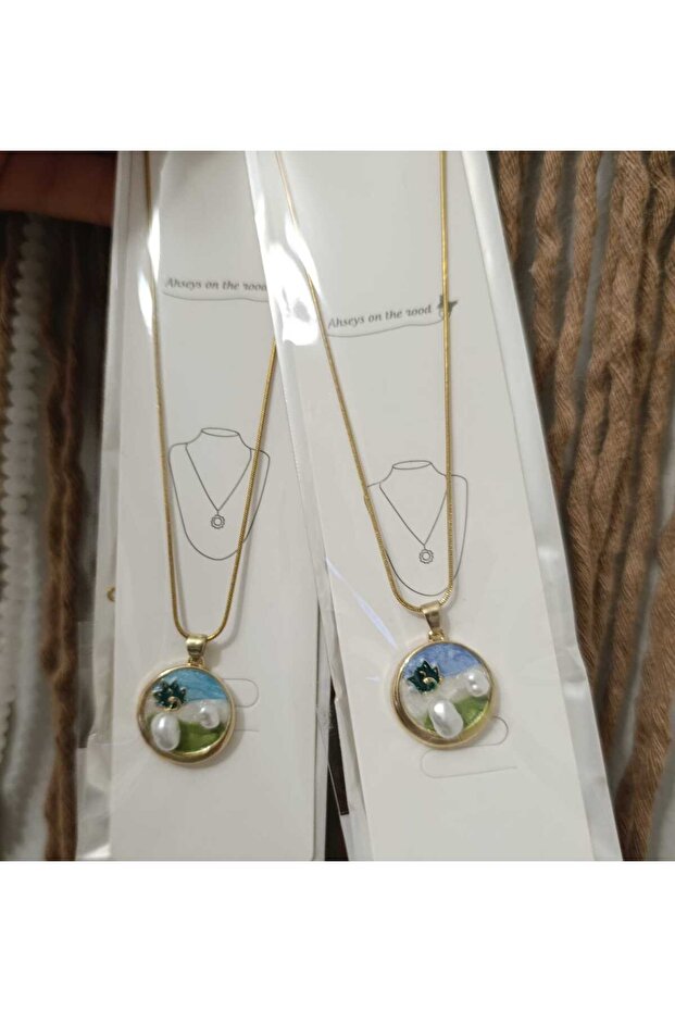 ÇİÇEK İŞLEMELİ,İNCİ MİNELİ ÇELİK KOLYE - 4