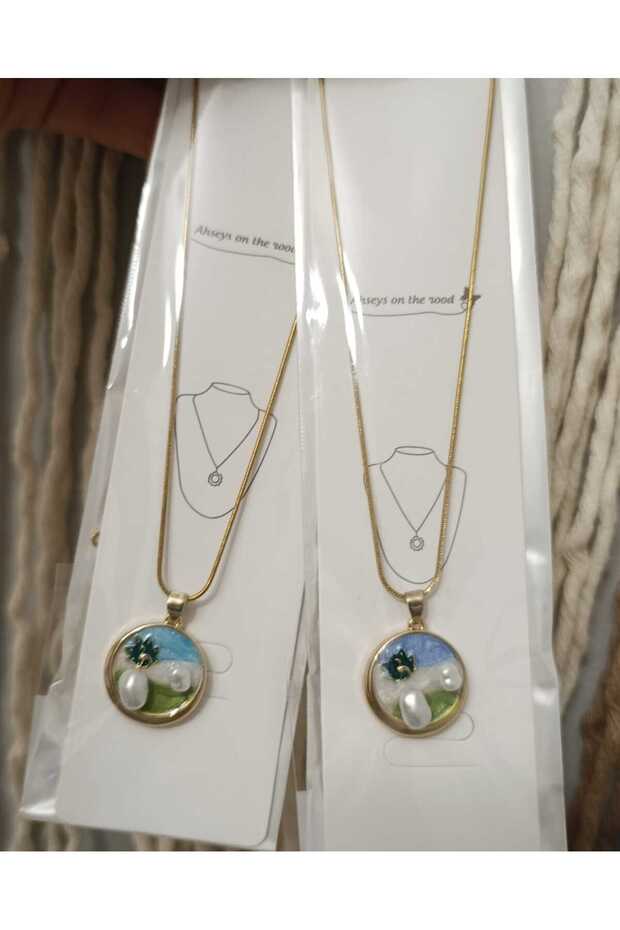 ÇİÇEK İŞLEMELİ,İNCİ MİNELİ ÇELİK KOLYE - 2