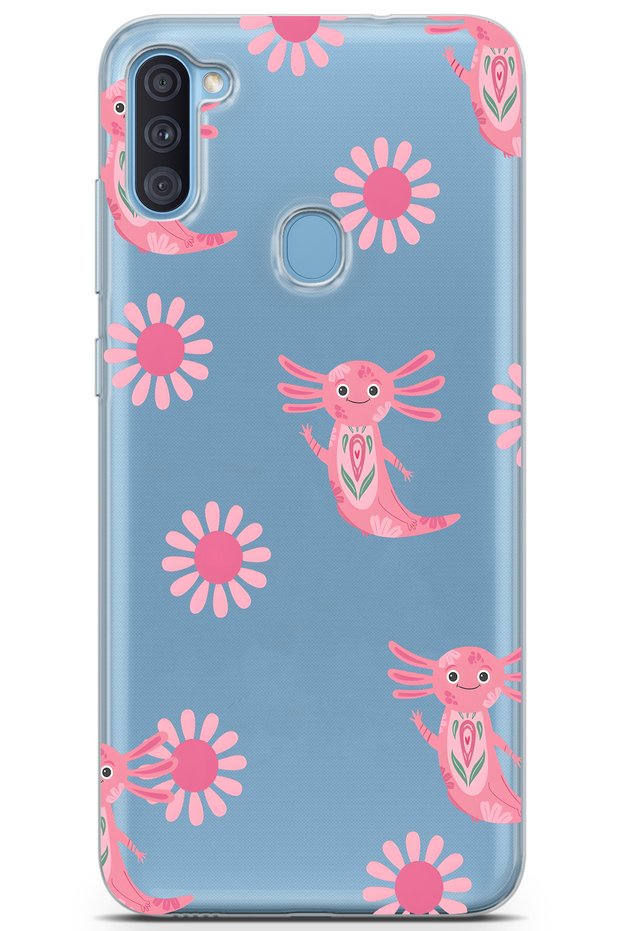 Samsung Galaxy A11 / M11 Compatible Pink Axolotl Pattern Transparent Phone Case