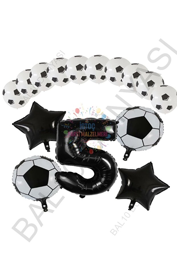 İstoç Football Ball Star Foil Black Number Printed Balloon Set Age 5