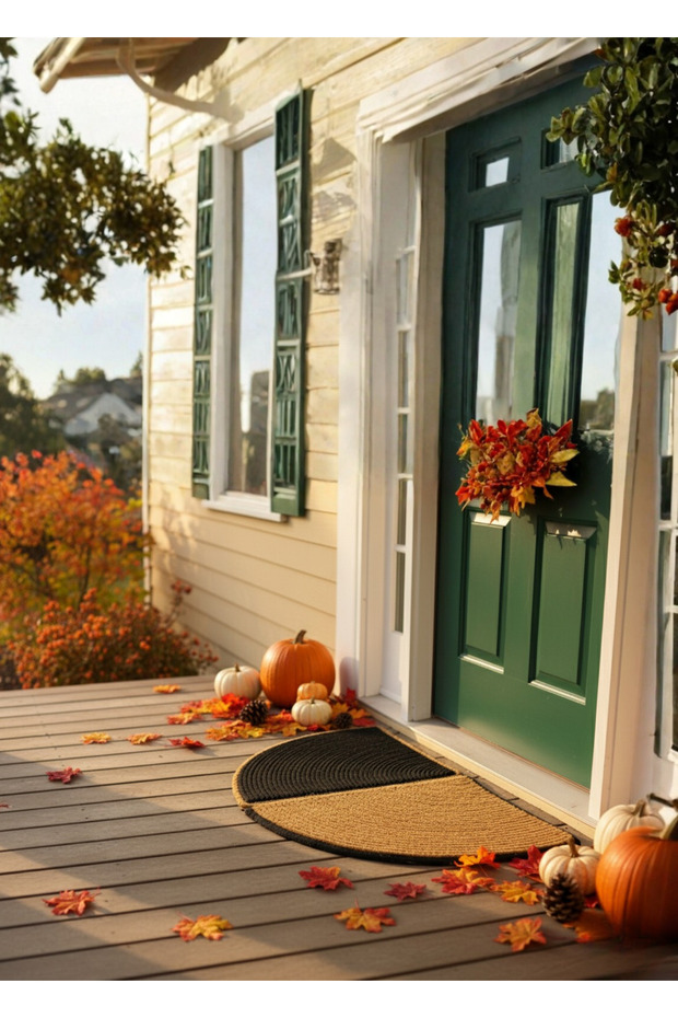 Rustik Yarım Ay El Yapımı Jüt Yarım Daire Kapı Önü Paspası Doğal Hasır Karşılama Paspası - 1