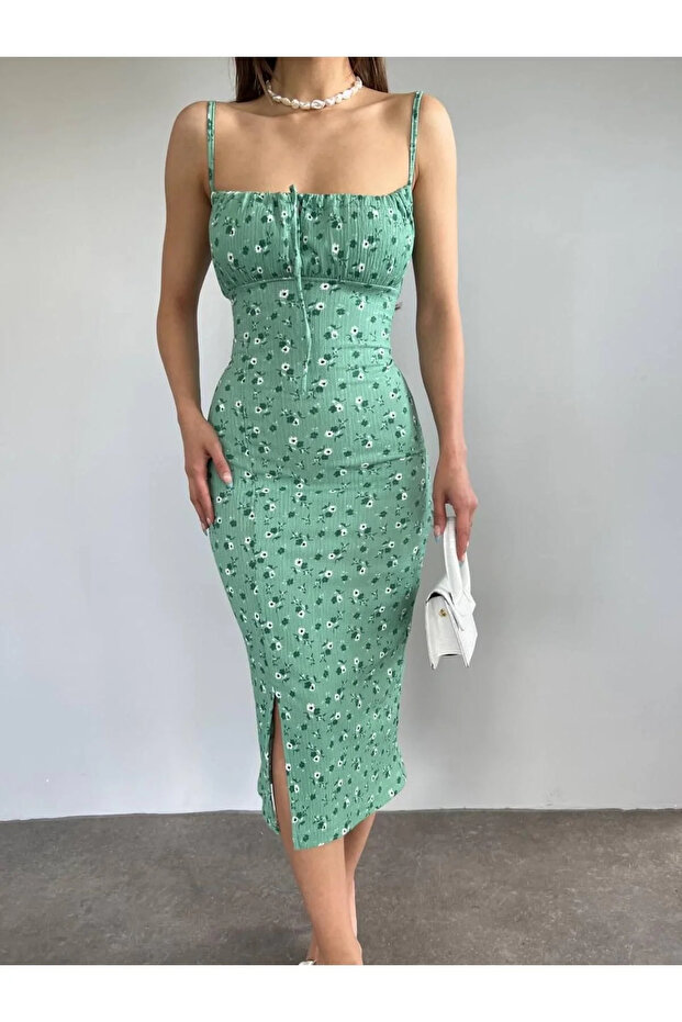 Women's Green Floral Gathered Bust Slit Strap Bust Low Cut Midi Dress