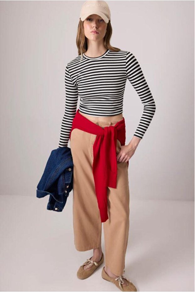 %100 Pamuk Çizgili Basic Örme Tişört Siyah - 2