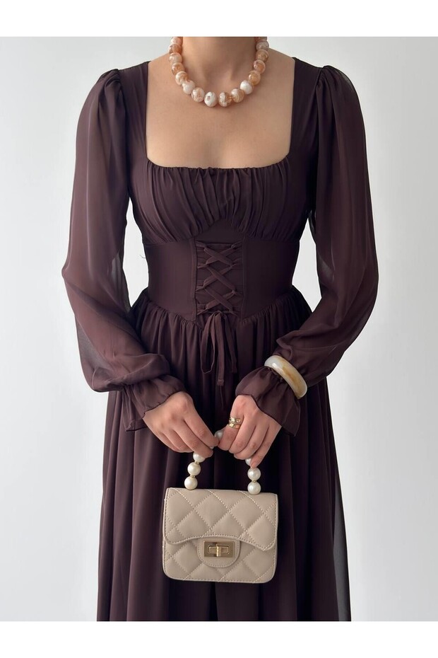 Kare Yaka Uzun Kollu Tamo Korsaj Bağlama Maxi Elbise - 7