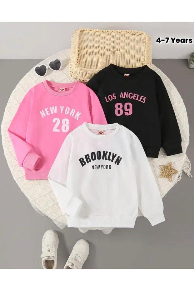 Girl's 3-Piece Pink-White-Black Newyork-Brooklyn-Losangeles Printed Sweatshirt