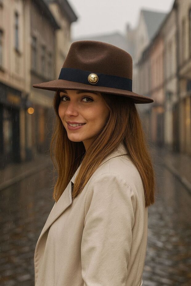 Bitter Brown Metal Button Detailed Panama Fedora Cowboy Women's Hat