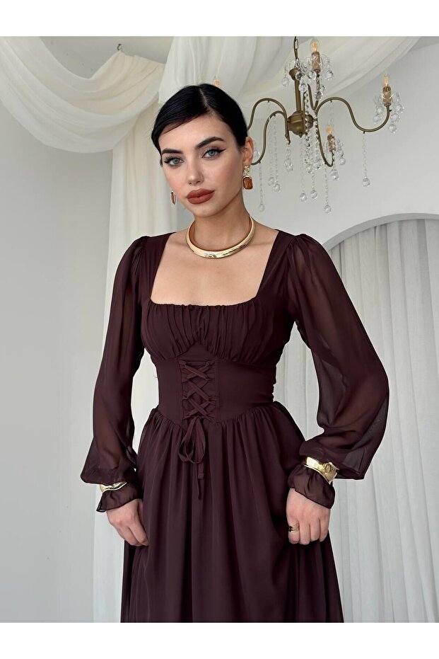 Kare Yaka Uzun Kollu Tamo Korsaj Bağlama Maxi Elbise - 5