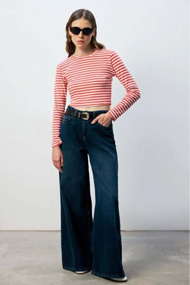 %100 Pamuk Çizgili Basic Örme Tişört Kırmızı - 1