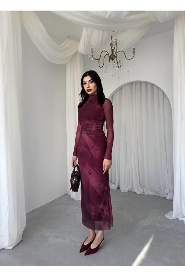 Uzun Kollu Desenli Lizz Midi Tül Elbise - 6