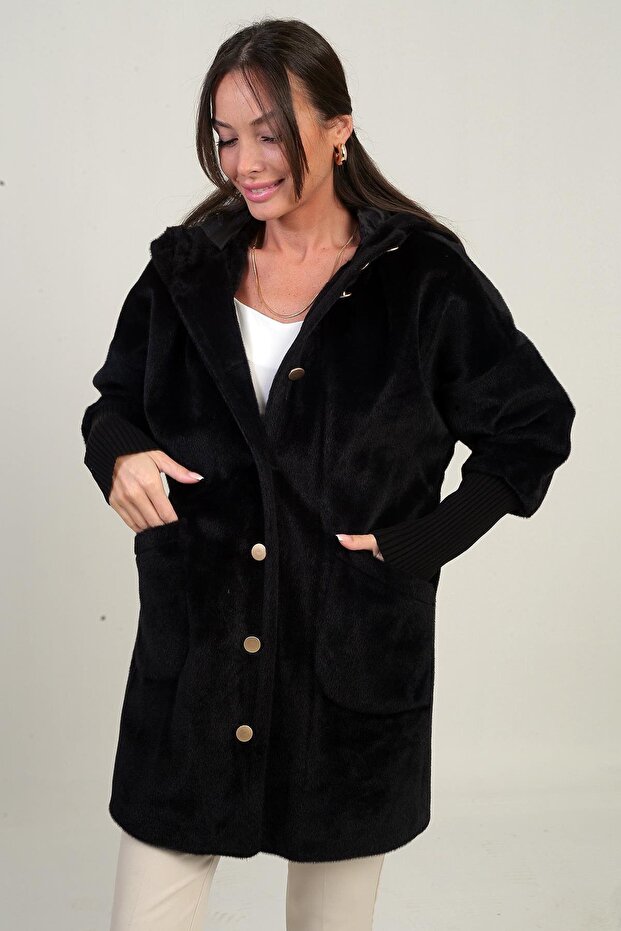 Women's Hooded Angora Coat with Buttoned Front, Lined Sleeves and Ribbed Sleeves