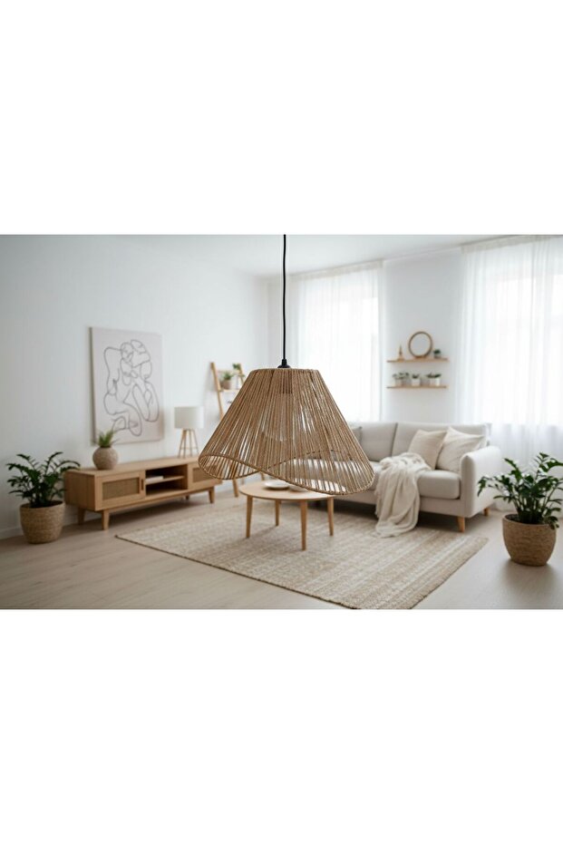 El Yapımı Jüt Makrome Avize - Rustik Bohem Tarz Dekoratif Sarkıt - Duy Dahil - 7