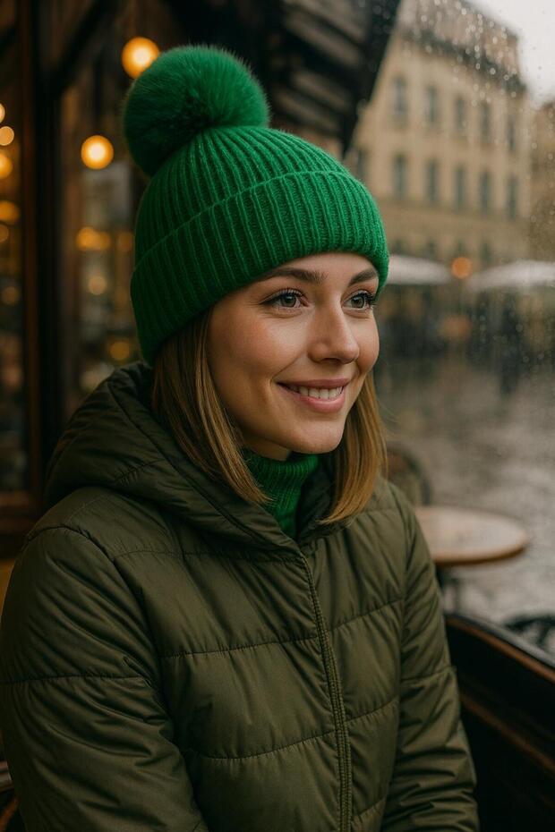Green Corded Fabric Plush Pompom Women's Beret