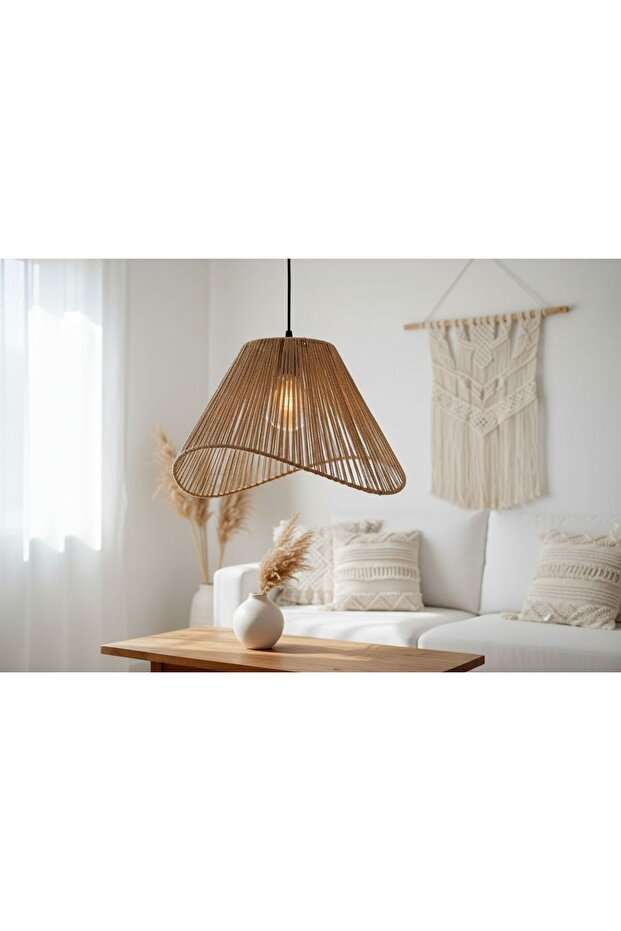 El Yapımı Jüt Makrome Avize - Rustik Bohem Tarz Dekoratif Sarkıt - Duy Dahil - 1