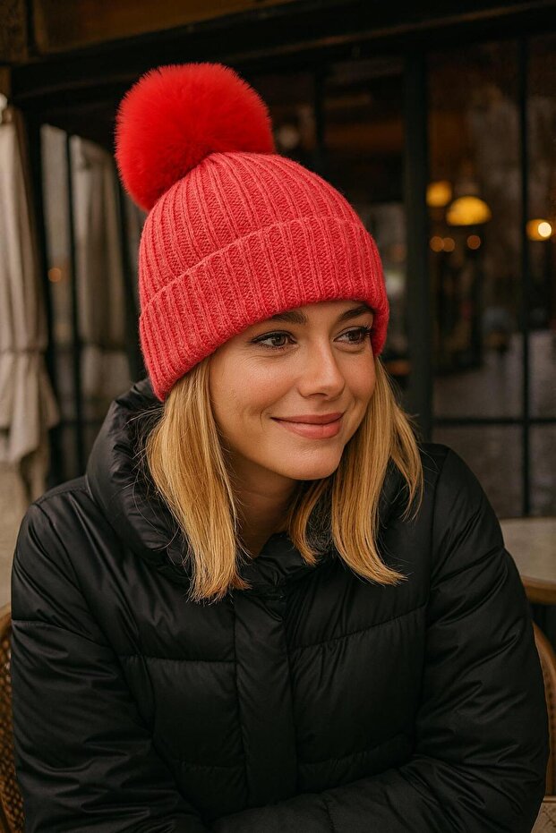 Pomegranate Flower Corded Fabric Plush Pompom Women's Beanie