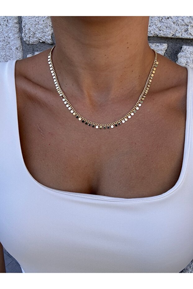 14K Altın Kaplama Paslanmaz Çelik Pullu Kolye | Sallantılı Pullu Kolye - 3