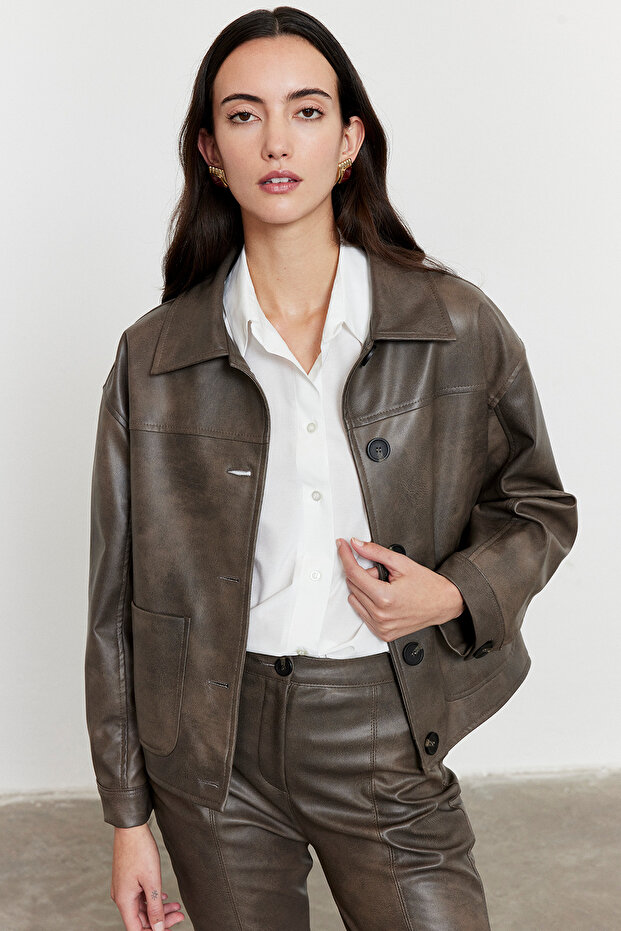 Suni Deri Bomber Ceket - 5